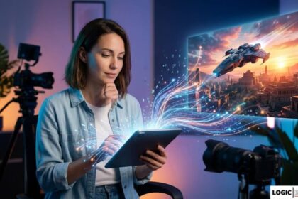 A digital illustration showing a woman in a creative studio, using a tablet to generate a high-quality cinematic video of a futuristic spacecraft over an alien city, symbolizing the power of Runway AI Video Generator in film production.