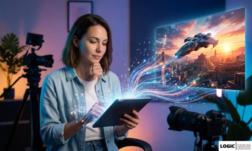 A digital illustration showing a woman in a creative studio, using a tablet to generate a high-quality cinematic video of a futuristic spacecraft over an alien city, symbolizing the power of Runway AI Video Generator in film production.