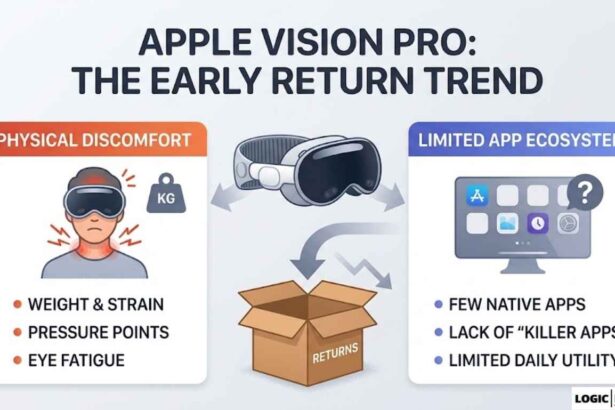 An infographic illustrating the main reasons for early Apple Vision Pro returns, focusing on "Physical Discomfort" (weight, pressure, eye fatigue) and "Limited App Ecosystem" (few native apps, limited utility).