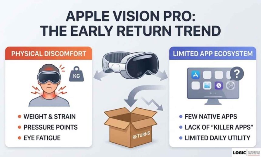 An infographic illustrating the main reasons for early Apple Vision Pro returns, focusing on "Physical Discomfort" (weight, pressure, eye fatigue) and "Limited App Ecosystem" (few native apps, limited utility).