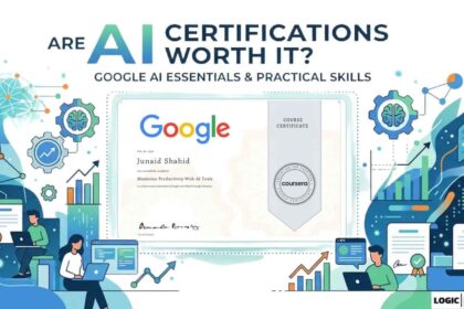 An infographic with text asking, "ARE AI CERTIFICATIONS WORTH IT?" Below it, "GOOGLE AI ESSENTIALS & PRACTICAL SKILLS." A large central empty frame is surrounded by digital illustrations of brains, data graphs, and people using laptops.