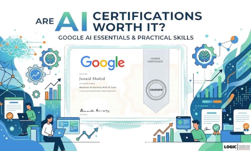 An infographic with text asking, "ARE AI CERTIFICATIONS WORTH IT?" Below it, "GOOGLE AI ESSENTIALS & PRACTICAL SKILLS." A large central empty frame is surrounded by digital illustrations of brains, data graphs, and people using laptops.