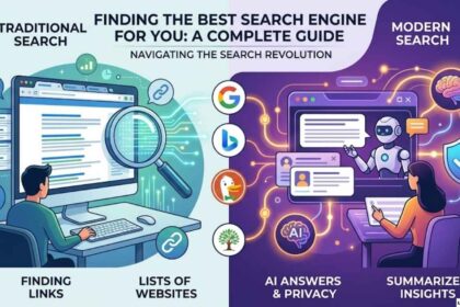 An illustration showing the evolution of search engines, with 'Traditional Search' on the left featuring a computer, a magnifying glass, and links, and 'Modern Search' on the right with an AI robot, chat bubbles, and a shield icon for privacy, separated by the logos of popular search engines.