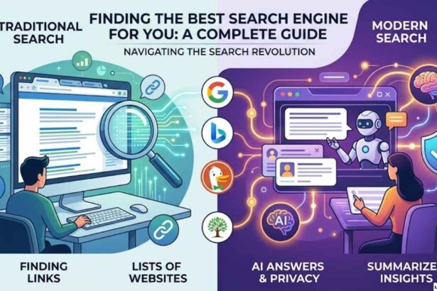 An illustration showing the evolution of search engines, with 'Traditional Search' on the left featuring a computer, a magnifying glass, and links, and 'Modern Search' on the right with an AI robot, chat bubbles, and a shield icon for privacy, separated by the logos of popular search engines.