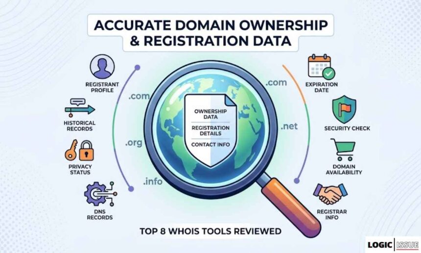 An infographic illustration titled "Accurate Domain Ownership & Registration Data," featuring a magnifying glass over a globe with domain extensions (.com, .org, .net, .info). Surrounding the center are icons representing WHOIS data points: Registrant Profile, Historical Records, Privacy Status, DNS Records, Expiration Date, Security Check, Domain Availability, and Registrar Info. At the bottom, a banner reads "TOP 8 WHOIS TOOLS REVIEWED."