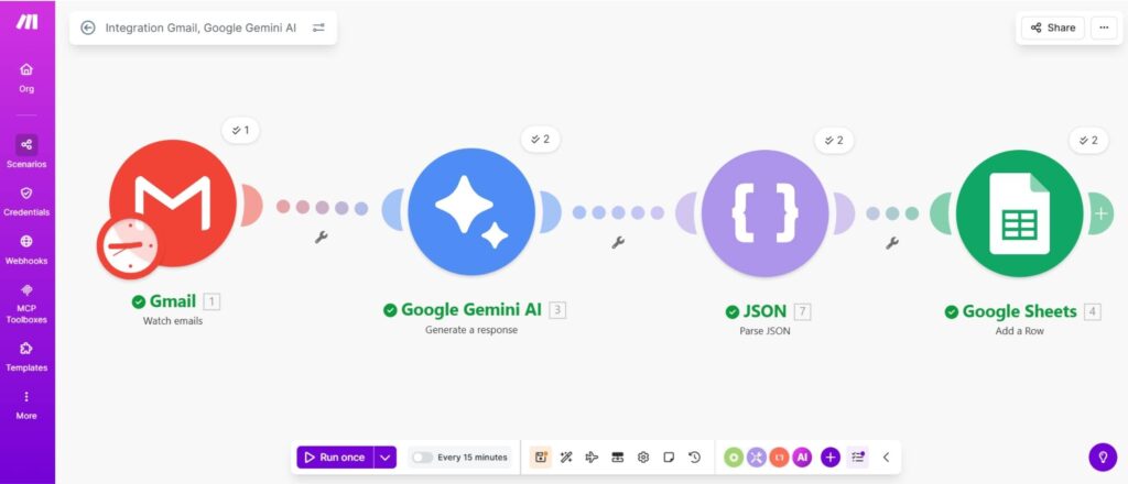 Complete Make.com automated lead qualification pipeline featuring Gmail, Gemini AI, and Google Sheets.