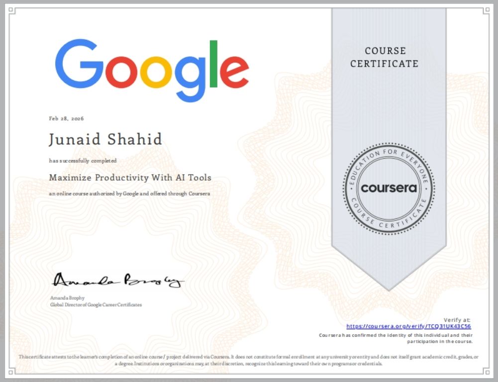 Google AI Essentials Certificate Coursera: Junaid Shahid