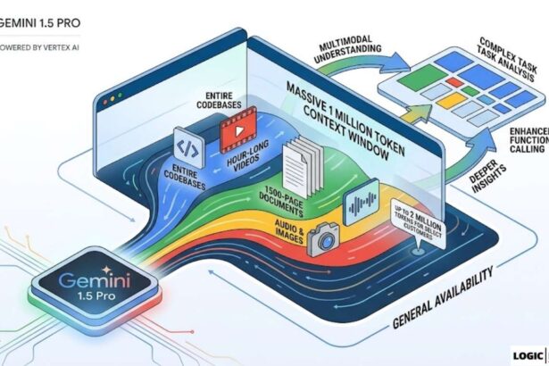 An isometric diagram illustrating how data streams of text, video, code, and audio flow into Gemini 1.5 Pro's massive context window.