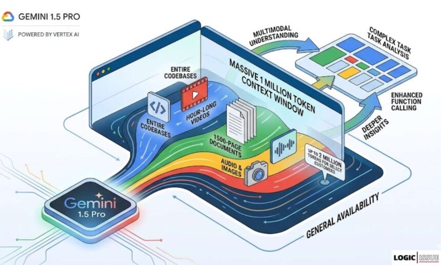 An isometric diagram illustrating how data streams of text, video, code, and audio flow into Gemini 1.5 Pro's massive context window.