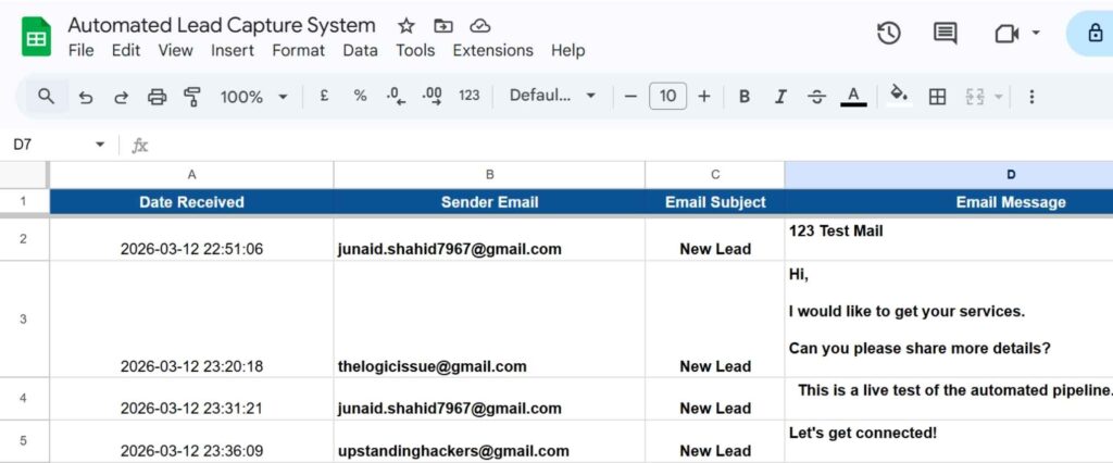 Google Sheets screenshot showing data automatically populated by Zapier lead capture.