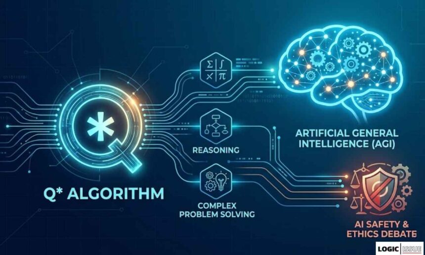 A conceptual illustration showcasing the components of OpenAI's Q* algorithm, including mathematical reasoning, problem solving, its connection to AGI, and the associated safety and ethics debate.