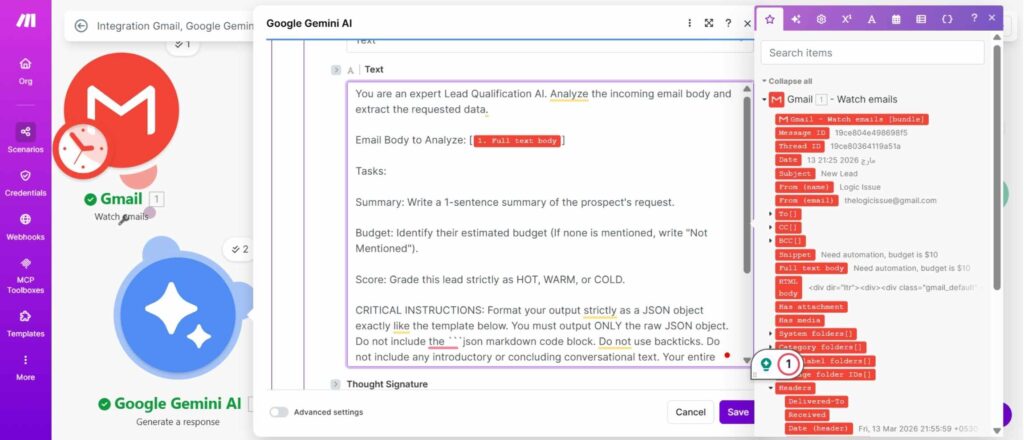 Prompt engineering Google Gemini in Make.com to output strict JSON code for data extraction.