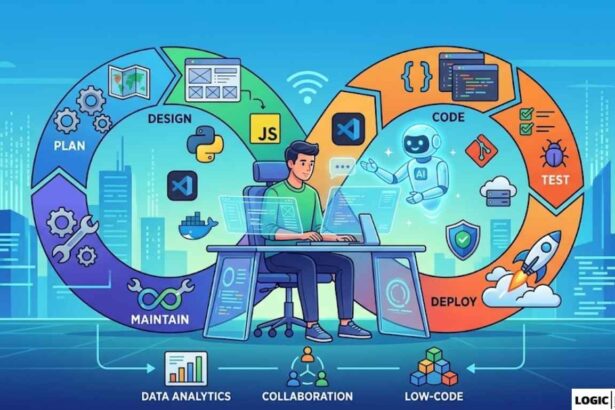 A modern, illustrated infographic detailing the continuous software development lifecycle (SDLC) from planning and design to deployment, featuring an AI-assisted developer and key tools like Python, JavaScript, and Docker.