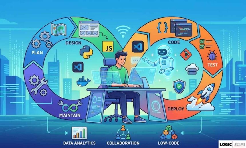 A modern, illustrated infographic detailing the continuous software development lifecycle (SDLC) from planning and design to deployment, featuring an AI-assisted developer and key tools like Python, JavaScript, and Docker.