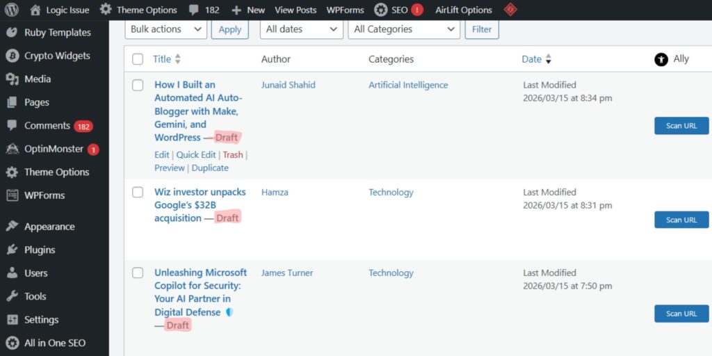 WordPress dashboard showing an SEO-optimized blog post draft generated by Google Gemini AI.