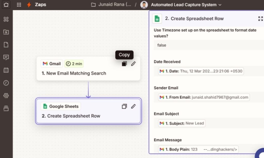 Zapier workflow screenshot showing Gmail to Google Sheets lead capture automation pipeline.
