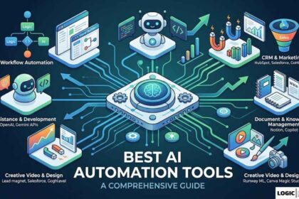 An isometric infographic showcasing various AI automation tools grouped into categories: Workflow Automation, AI Assistance, CRM & Marketing, Document Management, and Creative Design.