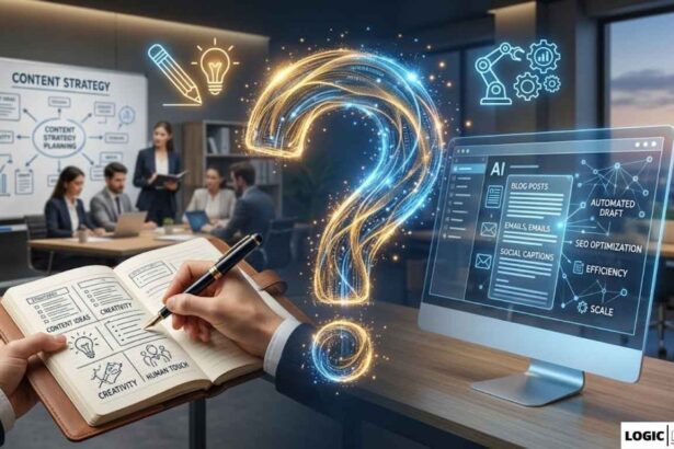 A conceptual image about modern content teams asking the question: "when does full automation win, and when does manual still matter?" The left side shows human creativity with a pen and notebook, and the right side shows AI content creation on a digital screen.