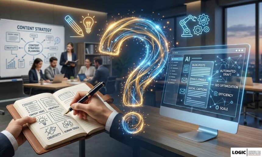 A conceptual image about modern content teams asking the question: "when does full automation win, and when does manual still matter?" The left side shows human creativity with a pen and notebook, and the right side shows AI content creation on a digital screen.