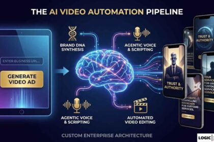 An infographic illustrating the custom AI video automation pipeline architecture. It shows a URL input stage leading to a central AI brain that orchestrates Brand DNA synthesis, voice generation, and automated editing, resulting in final video ads optimized for enterprise use.