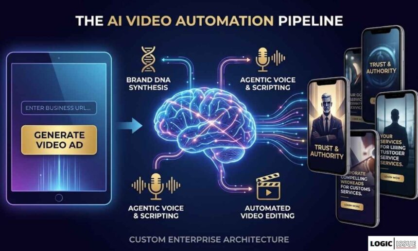 An infographic illustrating the custom AI video automation pipeline architecture. It shows a URL input stage leading to a central AI brain that orchestrates Brand DNA synthesis, voice generation, and automated editing, resulting in final video ads optimized for enterprise use.