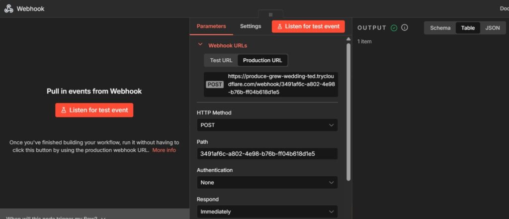 Screenshot of the n8n Webhook node configuration showing the POST method and unique URL path setup.
