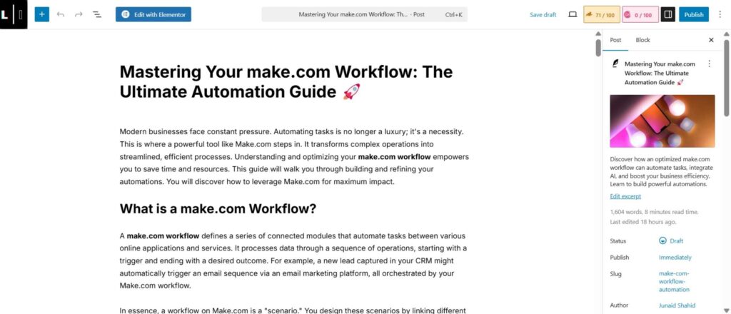 WordPress dashboard showing a finished 1,200-word article with a Rank Math SEO score of 85+ and automated metadata.