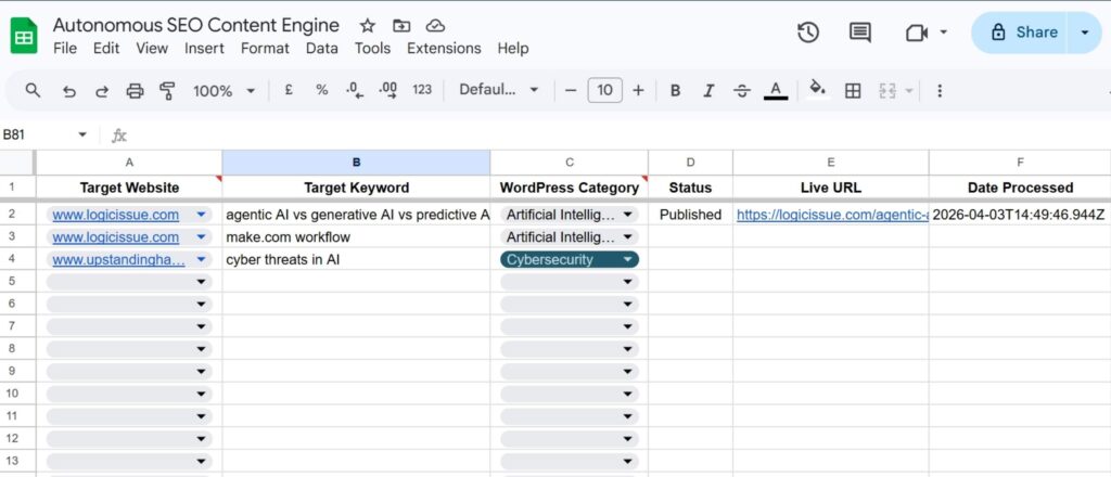 A Google Sheets database used as a command center for AI SEO automation with columns for Target Keyword, Category, and Status.