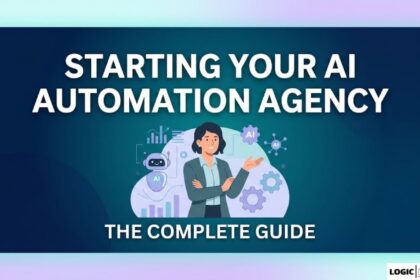 A stylized illustrative image for a blog post showing a central business person figure with AI icons and gears, featuring text "STARTING YOUR AI AUTOMATION AGENCY" and "THE COMPLETE GUIDE". The background uses shades of deep blue and teal.
