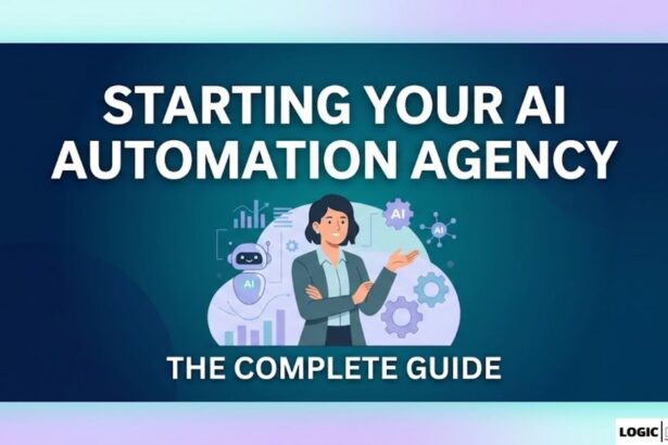 A stylized illustrative image for a blog post showing a central business person figure with AI icons and gears, featuring text "STARTING YOUR AI AUTOMATION AGENCY" and "THE COMPLETE GUIDE". The background uses shades of deep blue and teal.