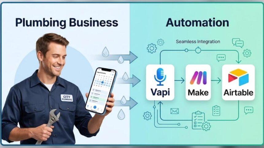 AI Voice Dispatcher architecture using Vapi, Make.com, and Airtable for plumbing emergencies.