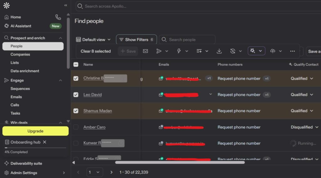 Apollo.io People search dashboard showing the Founder/CEO filter, US location, Marketing industry, and Verified email status selected on the left-hand filter panel