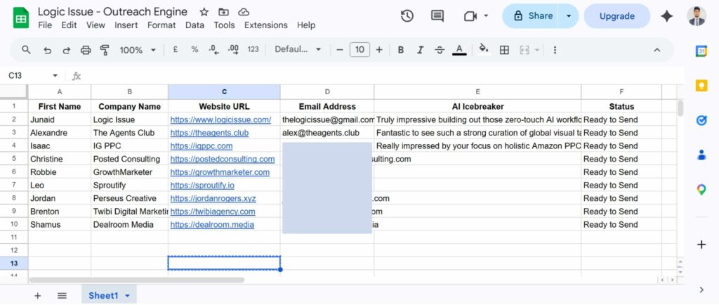 Clean Google Sheet titled "Outreach Engine" showing six column headers (First Name, Company Name, Website URL, Email Address, AI Icebreaker, Status) with three populated example rows and "New" entered in each Status cell