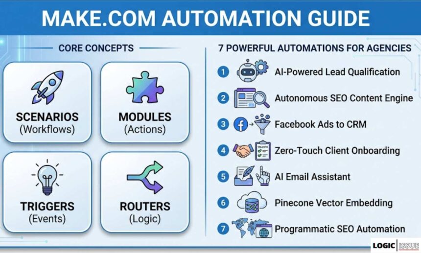 A high-quality infographic guide titled 'Make.com Automation Guide' that visualizes the core concepts and powerful automations mentioned in the article.