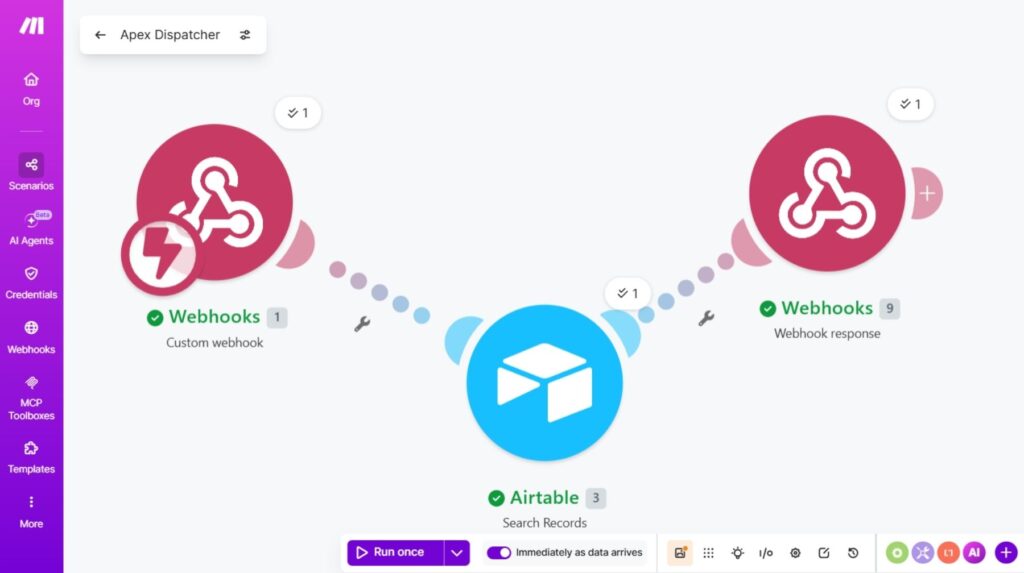 Make.com automation scenario querying an Airtable database via webhook.
