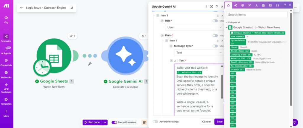 Make.com scenario canvas showing the Google Gemini module open with the prompt text box populated, a green Website URL variable bubble mapped inside the prompt, and the module connected to the Google Sheets Watch Rows module on the left