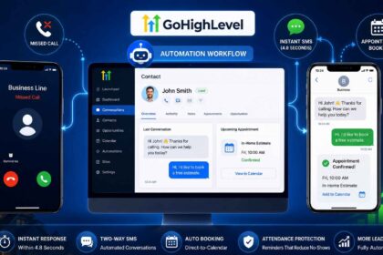 GoHighLevel missed call automation sending instant SMS and booking appointments automatically.