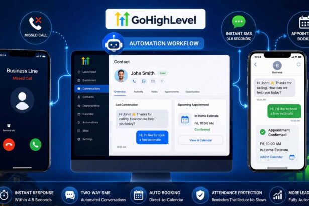 GoHighLevel missed call automation sending instant SMS and booking appointments automatically.