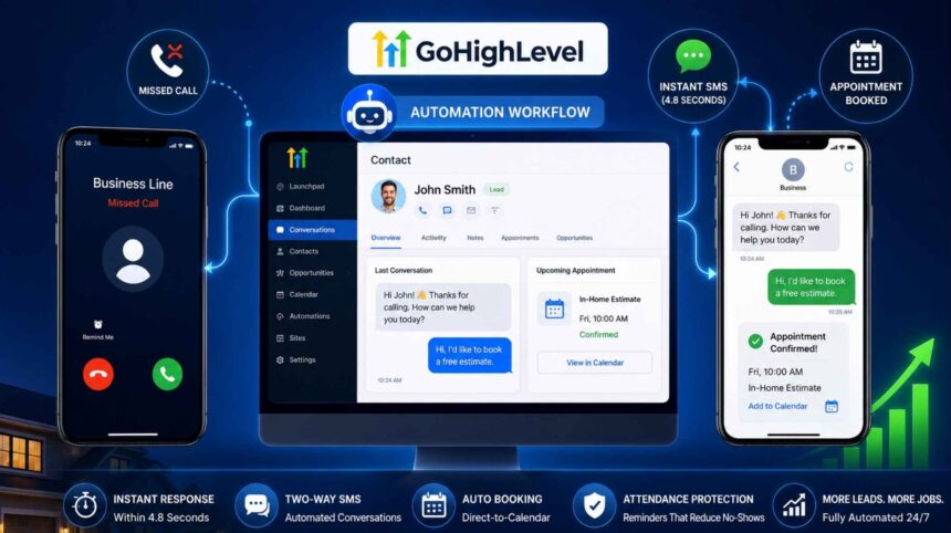 GoHighLevel missed call automation sending instant SMS and booking appointments automatically.